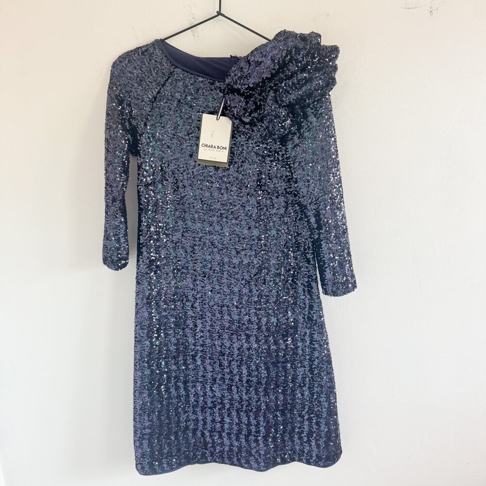 NWT Chiara Boni Navy Blue Bateau Neck Sequin Mini Dress 10 - Picture 2 of 7